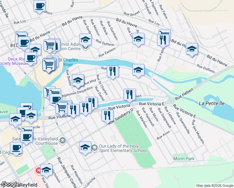 map of restaurants, bars, coffee shops, grocery stores, and more near 13A Rue Saint-Hippolyte in Salaberry-de-Valleyfield