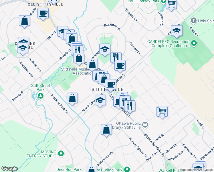 map of restaurants, bars, coffee shops, grocery stores, and more near 1501 Stittsville Main Street in Ottawa