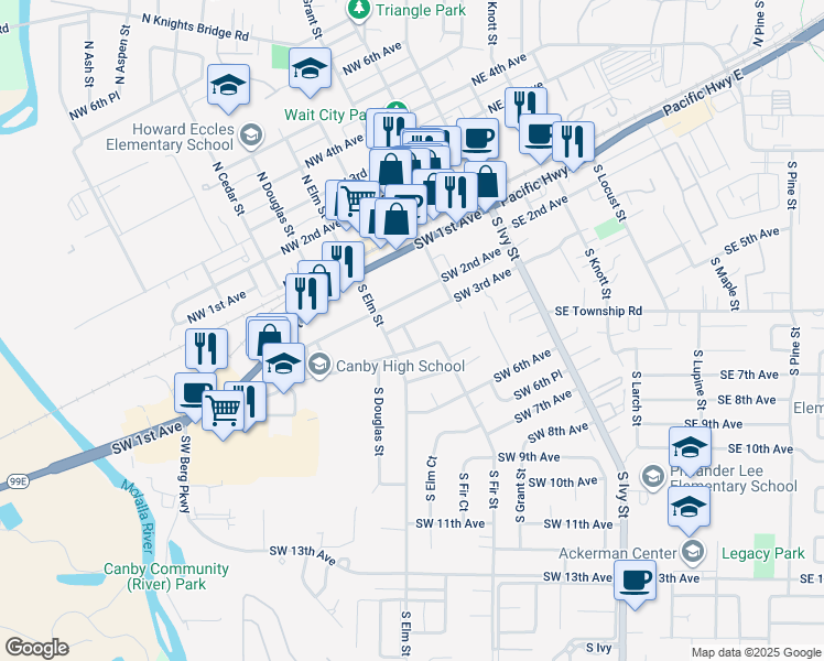 map of restaurants, bars, coffee shops, grocery stores, and more near 431 Southwest 3rd Avenue in Canby