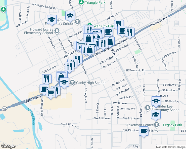 map of restaurants, bars, coffee shops, grocery stores, and more near 431 Southwest 3rd Avenue in Canby