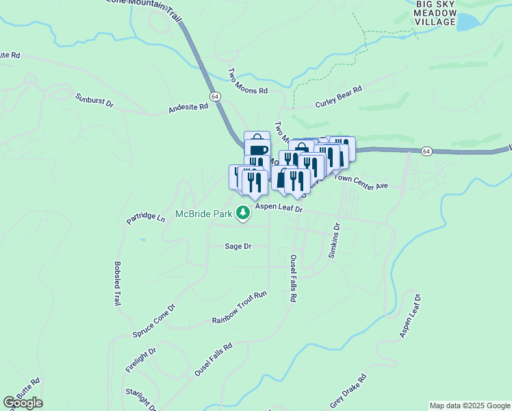 map of restaurants, bars, coffee shops, grocery stores, and more near 2815 Aspen Leaf Drive in Big Sky