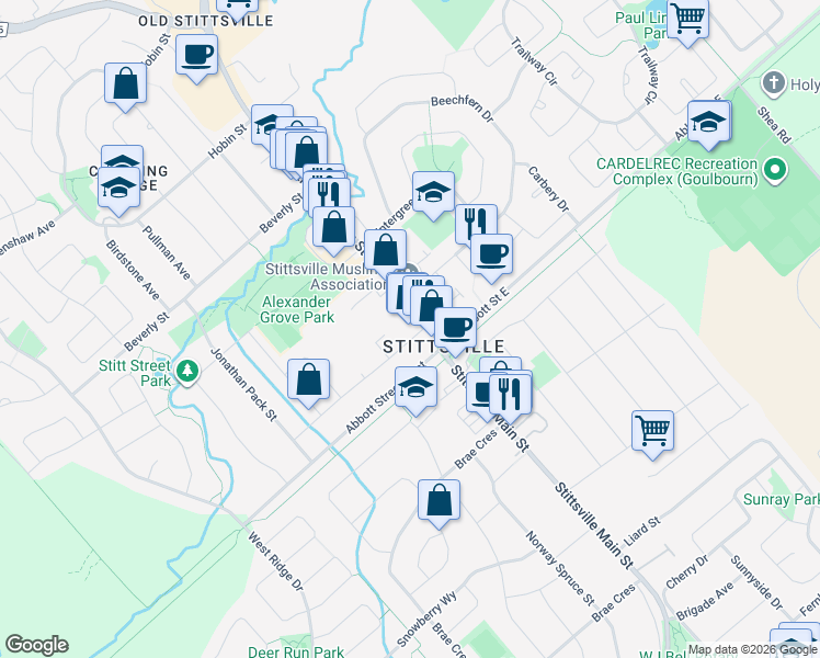 map of restaurants, bars, coffee shops, grocery stores, and more near 1476 Stittsville Main Street in Ottawa