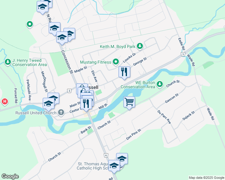 map of restaurants, bars, coffee shops, grocery stores, and more near 263 Castor Street in Russell