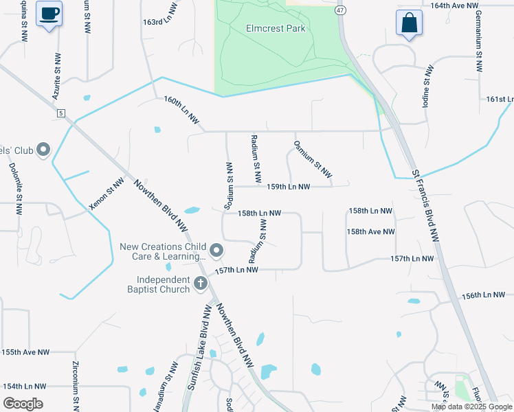 map of restaurants, bars, coffee shops, grocery stores, and more near 6060 159th Lane Northwest in Ramsey