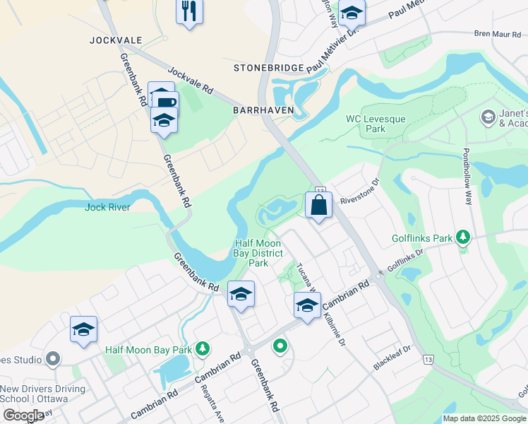 map of restaurants, bars, coffee shops, grocery stores, and more near 2565 Half Moon Bay Road in Ottawa