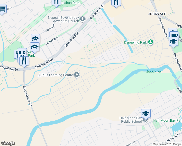 map of restaurants, bars, coffee shops, grocery stores, and more near 233 Conservancy Drive in Ottawa