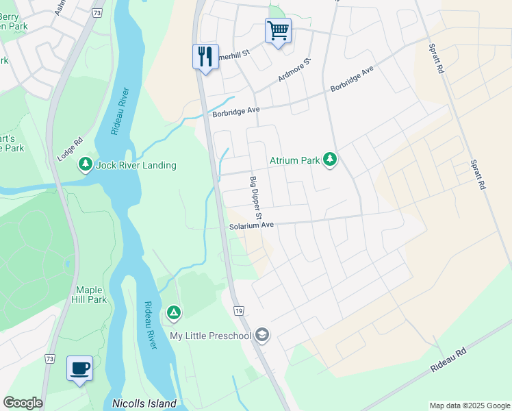 map of restaurants, bars, coffee shops, grocery stores, and more near 185 Big Dipper Street in Ottawa