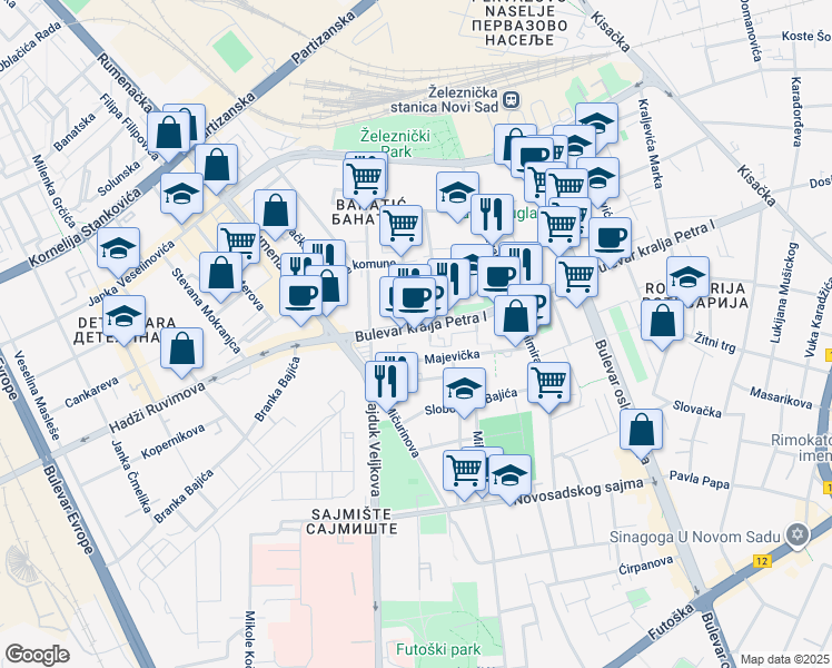 map of restaurants, bars, coffee shops, grocery stores, and more near 73 Bulevar kralja Petra I in Novi Sad