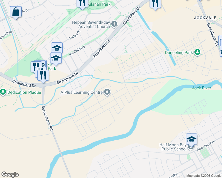 map of restaurants, bars, coffee shops, grocery stores, and more near Conservancy Drive in Ottawa
