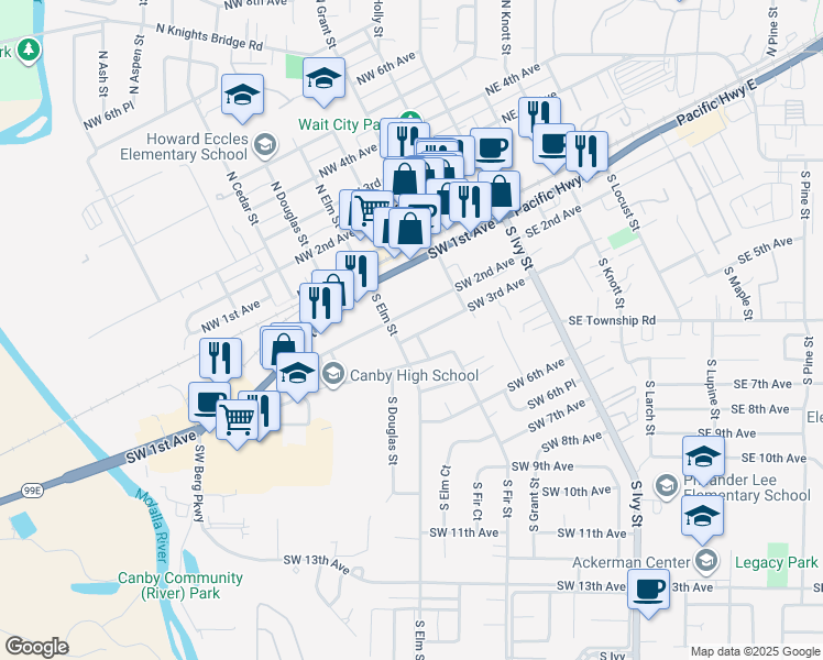 map of restaurants, bars, coffee shops, grocery stores, and more near in Canby