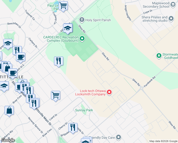 map of restaurants, bars, coffee shops, grocery stores, and more near 1055 Cope Drive in Ottawa