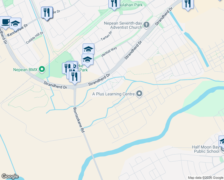 map of restaurants, bars, coffee shops, grocery stores, and more near 75 Aura Avenue in Ottawa