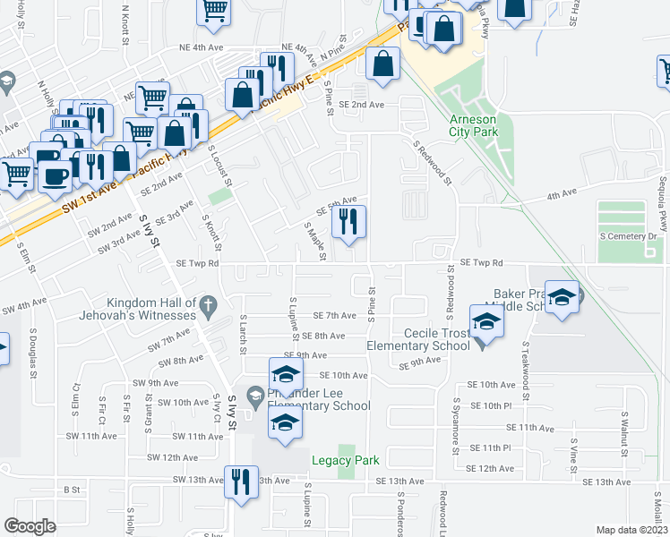 map of restaurants, bars, coffee shops, grocery stores, and more near 656 Southeast 6th Place in Canby