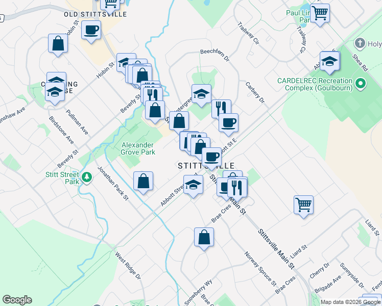 map of restaurants, bars, coffee shops, grocery stores, and more near 1480 Stittsville Main Street in Ottawa