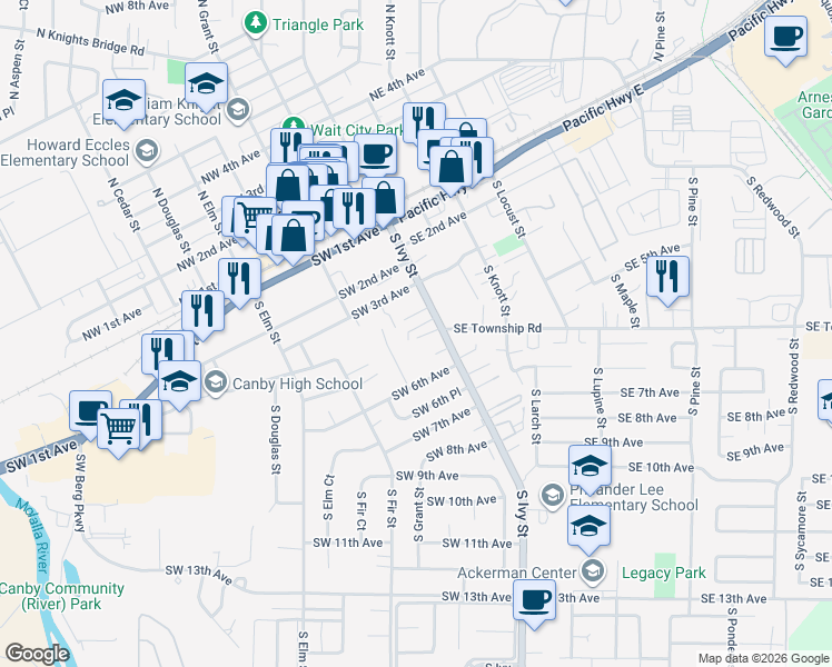 map of restaurants, bars, coffee shops, grocery stores, and more near 431 South Ivy Street in Canby