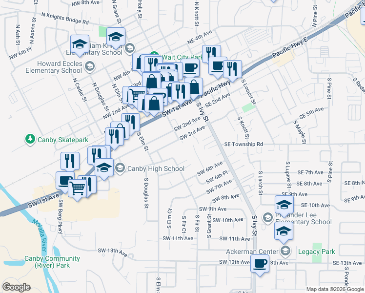 map of restaurants, bars, coffee shops, grocery stores, and more near 333 Southwest 3rd Avenue in Canby