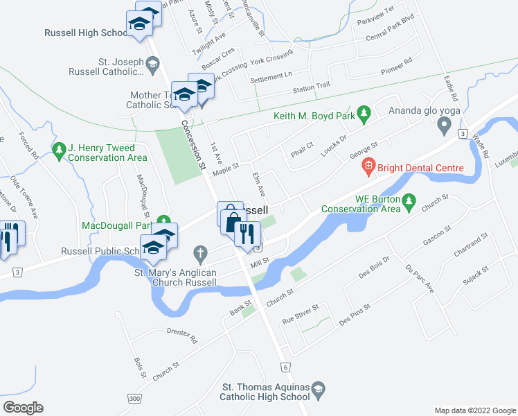 map of restaurants, bars, coffee shops, grocery stores, and more near 30 2nd Avenue in Russell