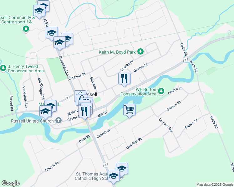 map of restaurants, bars, coffee shops, grocery stores, and more near 263 Castor Street in Russell