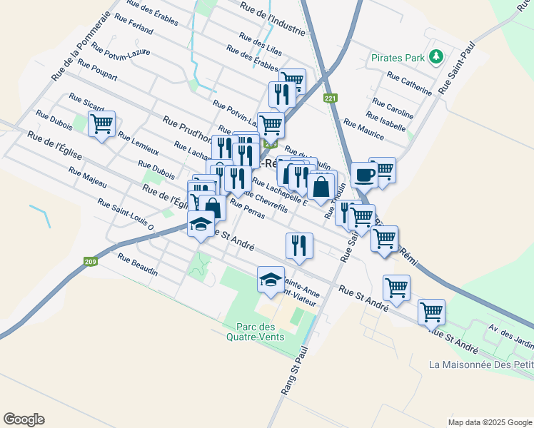 map of restaurants, bars, coffee shops, grocery stores, and more near 85 Rue Perras in Saint-Rémi