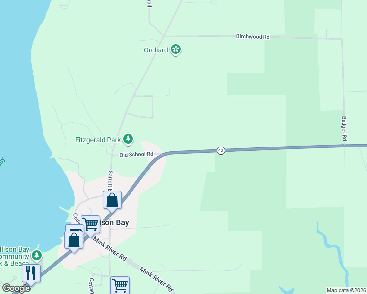 map of restaurants, bars, coffee shops, grocery stores, and more near 1506 Wisconsin 42 in Ellison Bay