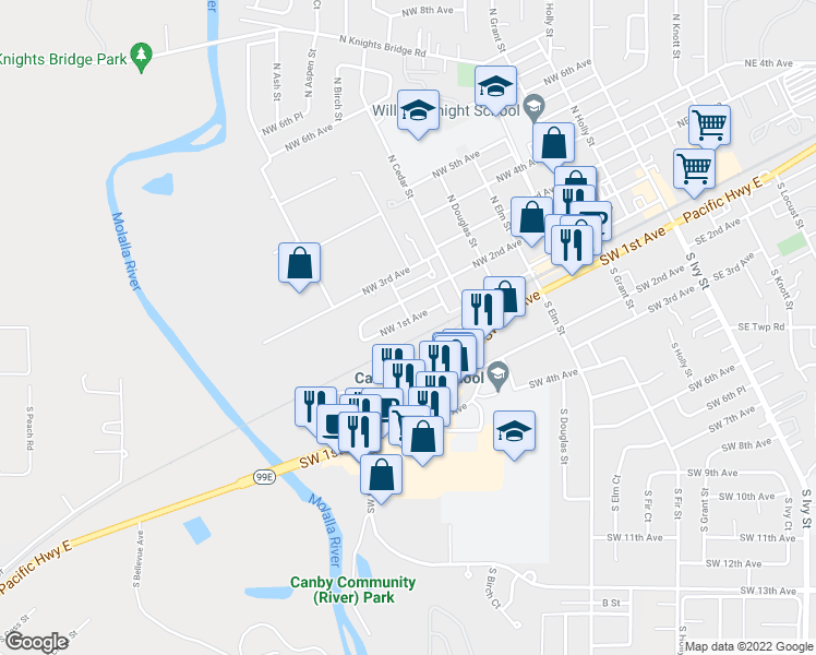 map of restaurants, bars, coffee shops, grocery stores, and more near 913 Northwest 1st Avenue in Canby