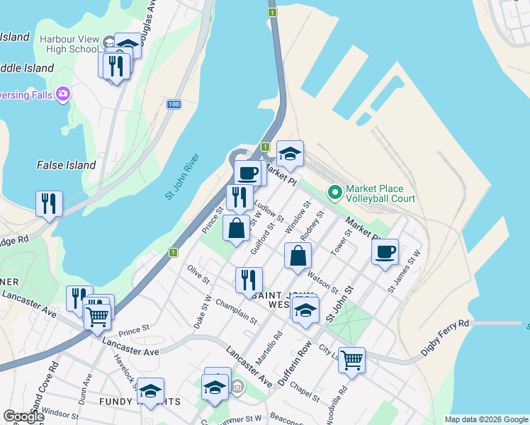 map of restaurants, bars, coffee shops, grocery stores, and more near 133 Ludlow Street in Saint John
