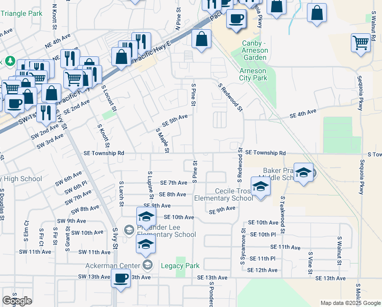 map of restaurants, bars, coffee shops, grocery stores, and more near 781 Southeast Township Road in Canby
