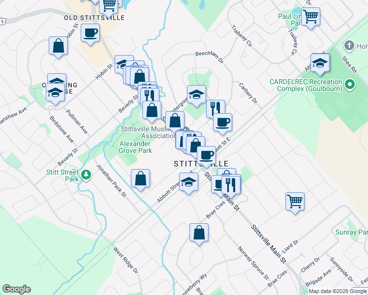 map of restaurants, bars, coffee shops, grocery stores, and more near 1476 Stittsville Main Street in Ottawa