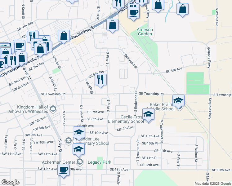 map of restaurants, bars, coffee shops, grocery stores, and more near 1296 South Township Road in Canby