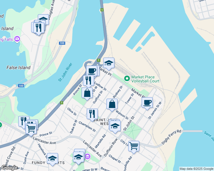 map of restaurants, bars, coffee shops, grocery stores, and more near in Saint John