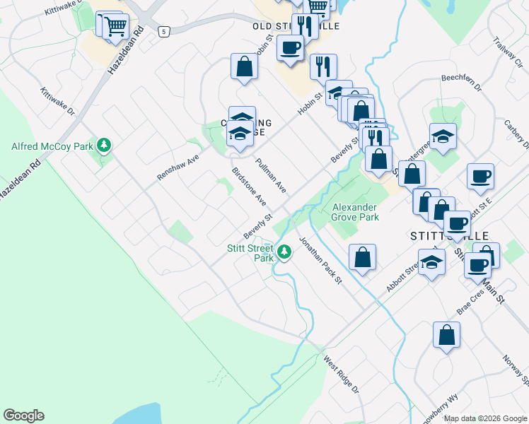 map of restaurants, bars, coffee shops, grocery stores, and more near 2 Birdstone Avenue in Ottawa