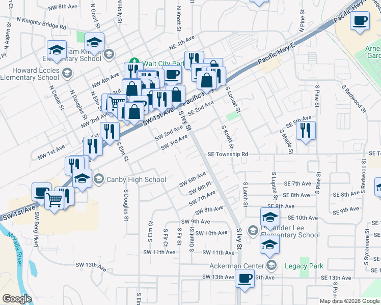 map of restaurants, bars, coffee shops, grocery stores, and more near 431 South Ivy Street in Canby