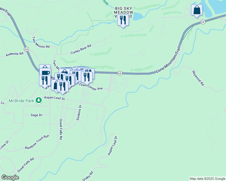 map of restaurants, bars, coffee shops, grocery stores, and more near Town Center Avenue in Gallatin Gateway