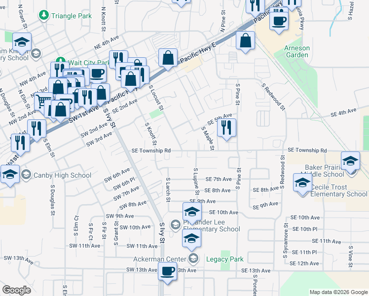 map of restaurants, bars, coffee shops, grocery stores, and more near 416 Southeast Township Road in Canby