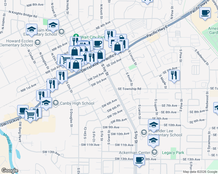 map of restaurants, bars, coffee shops, grocery stores, and more near 431 South Ivy Street in Canby