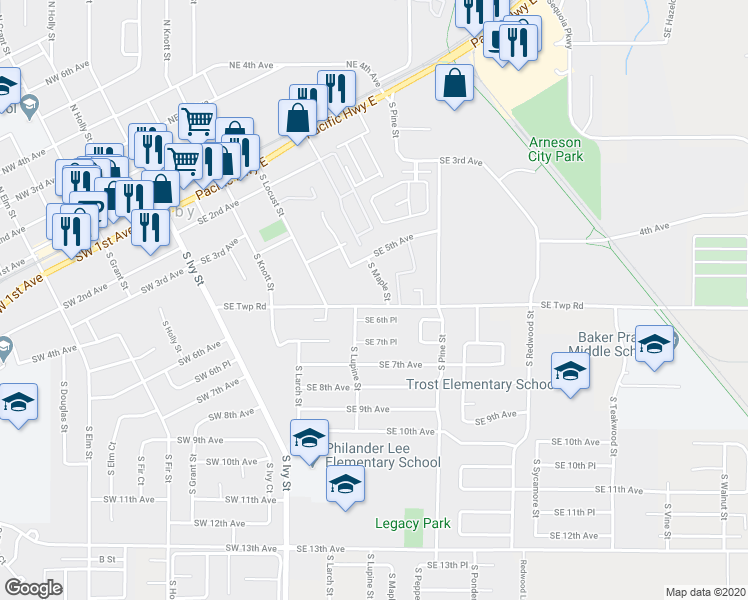 map of restaurants, bars, coffee shops, grocery stores, and more near 546 South Township Road in Canby