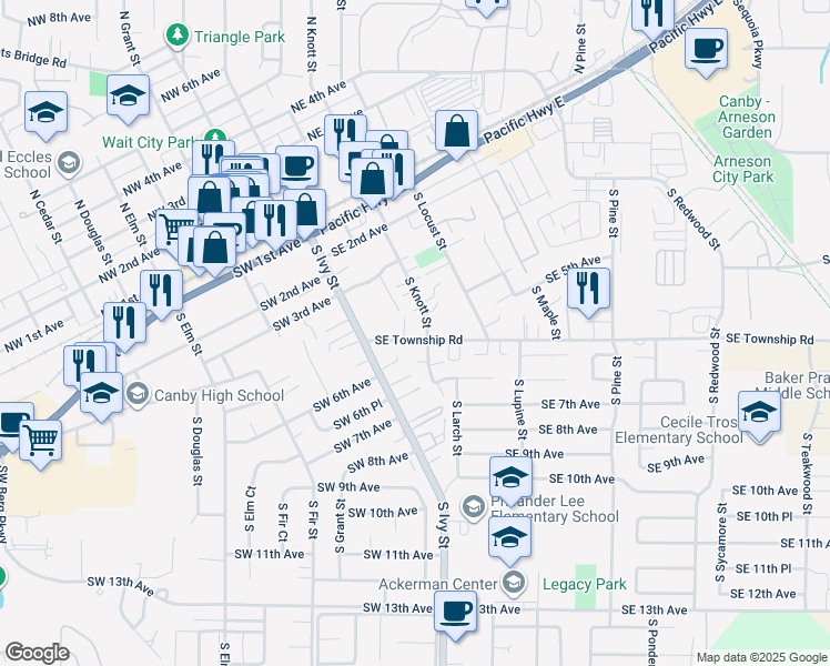 map of restaurants, bars, coffee shops, grocery stores, and more near 280 Southeast Township Road in Canby