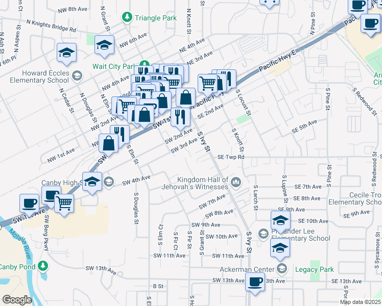 map of restaurants, bars, coffee shops, grocery stores, and more near 323 South Holly Street in Canby