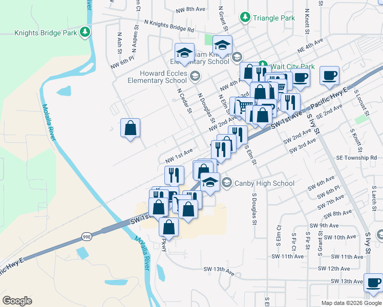 map of restaurants, bars, coffee shops, grocery stores, and more near 847 Northwest 1st Avenue in Canby