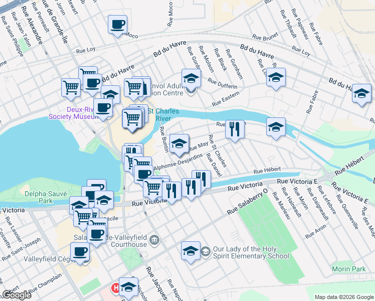 map of restaurants, bars, coffee shops, grocery stores, and more near 35 Rue May in Salaberry-de-Valleyfield