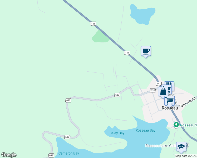 map of restaurants, bars, coffee shops, grocery stores, and more near 49 Maple Street in Rosseau