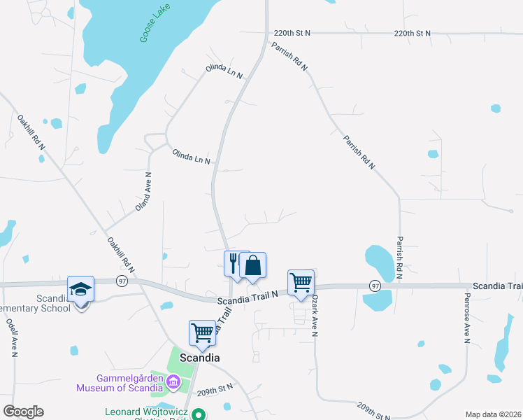 map of restaurants, bars, coffee shops, grocery stores, and more near 14909 214th Street North in Scandia