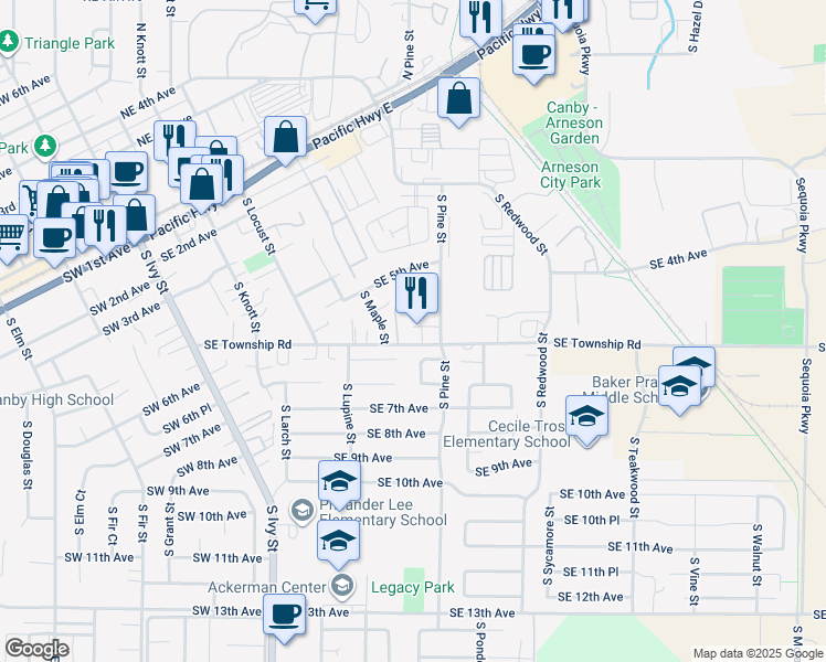 map of restaurants, bars, coffee shops, grocery stores, and more near 656 Southeast 6th Place in Canby