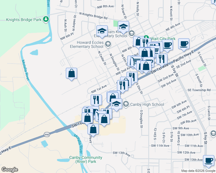 map of restaurants, bars, coffee shops, grocery stores, and more near 827 Northwest 1st Avenue in Canby