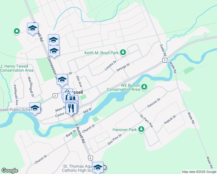 map of restaurants, bars, coffee shops, grocery stores, and more near 277 Castor Street in Russell