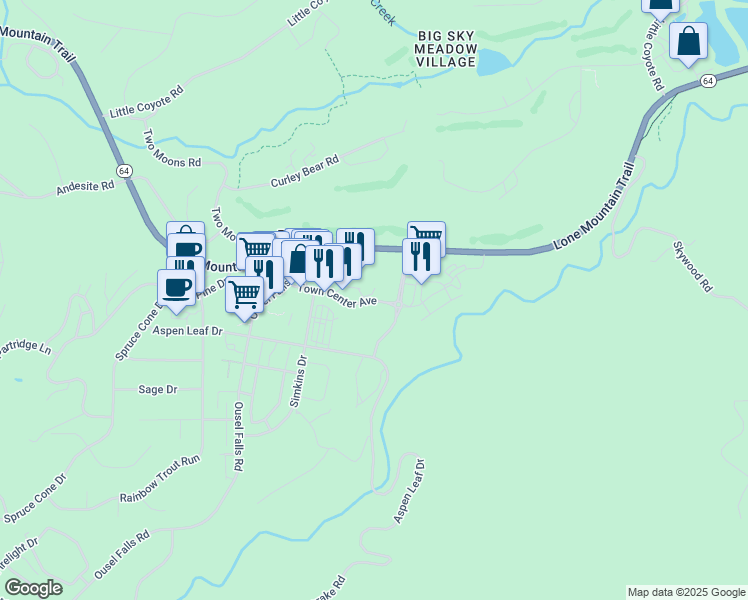 map of restaurants, bars, coffee shops, grocery stores, and more near Town Center Avenue in Gallatin Gateway