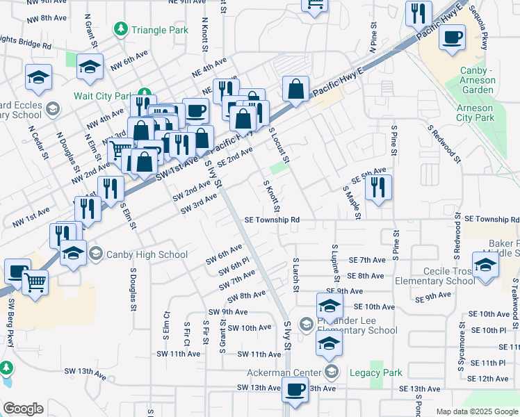 map of restaurants, bars, coffee shops, grocery stores, and more near 280 Southeast Township Road in Canby