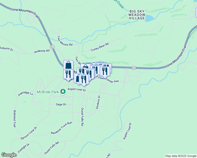 map of restaurants, bars, coffee shops, grocery stores, and more near 32 Town Center Avenue in Big Sky
