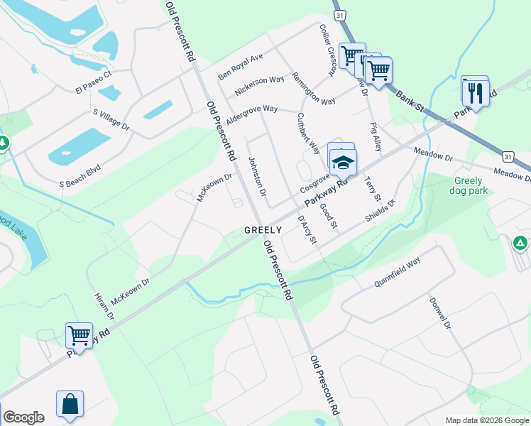 map of restaurants, bars, coffee shops, grocery stores, and more near 1386 Johnston Drive in Ottawa