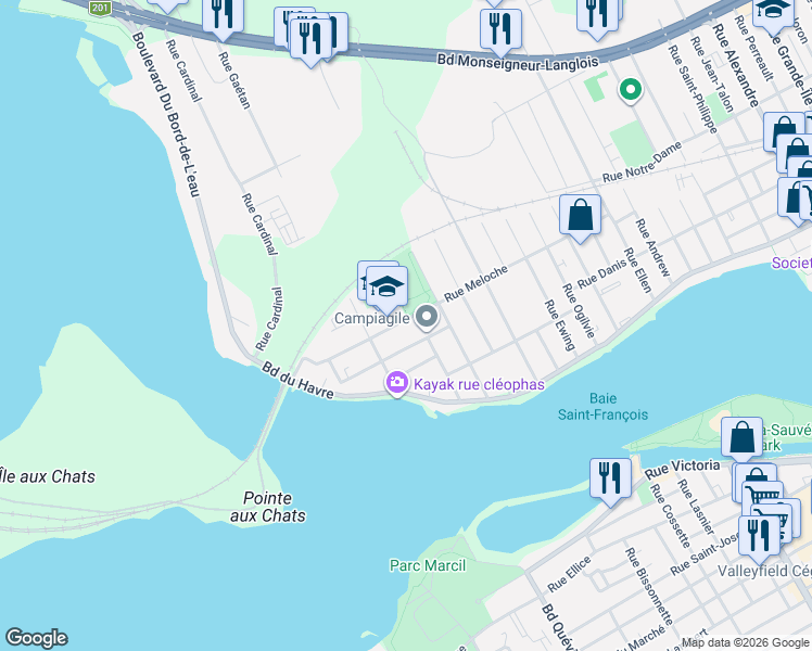 map of restaurants, bars, coffee shops, grocery stores, and more near 78 Rue Meloche in Salaberry-de-Valleyfield